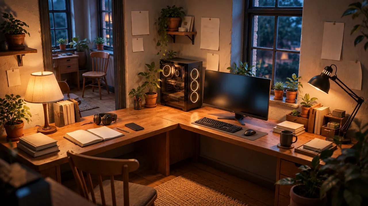 A warm ANVA studio with wood, plants, notebooks and practical lighting