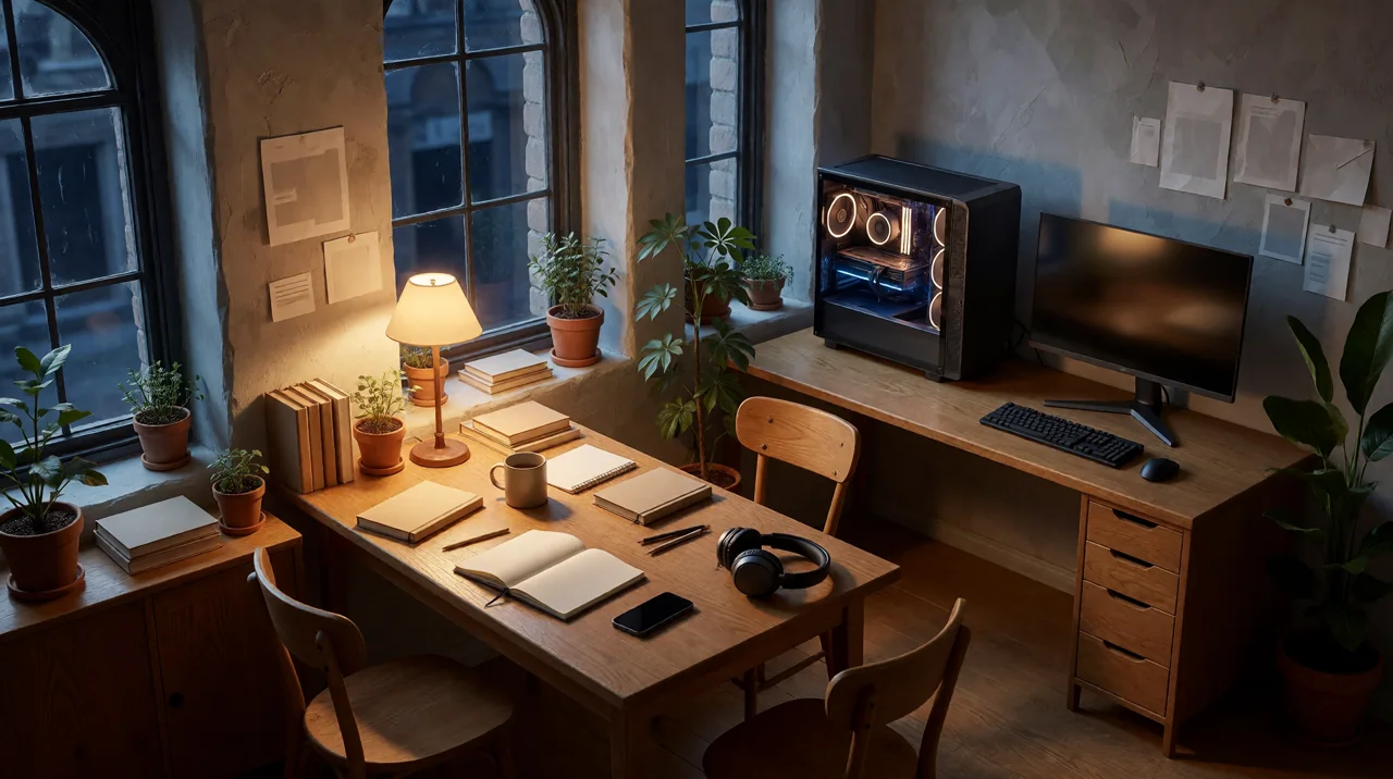 A warm ANVA studio with wood, plants, notebooks and practical lighting