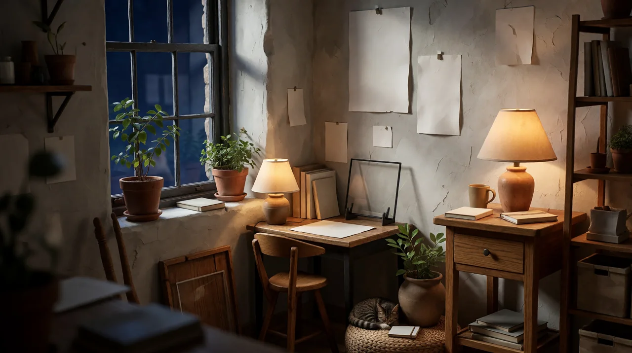 A warm ANVA studio with wood, plants, notebooks and practical lighting