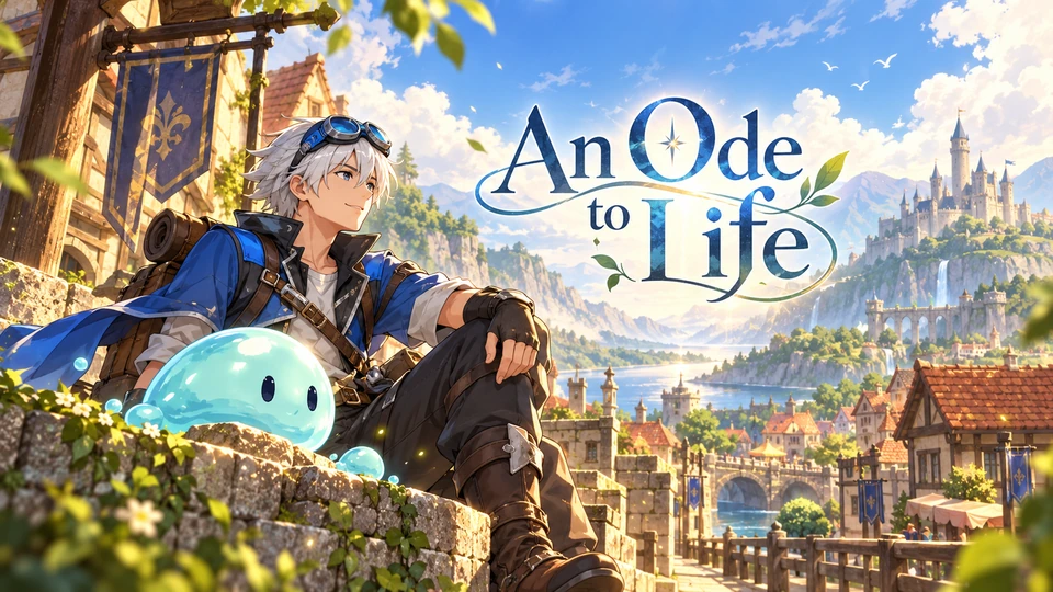 Approved An Ode to Life promotional illustration: the white-haired protagonist with blue goggles and a turquoise slime overlooking a sunlit fantasy town