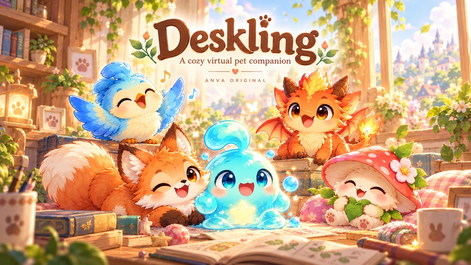 Approved Deskling illustration with a blue bird, fox, turquoise slime, orange dragon and pink woodland creature together in a warm studio
