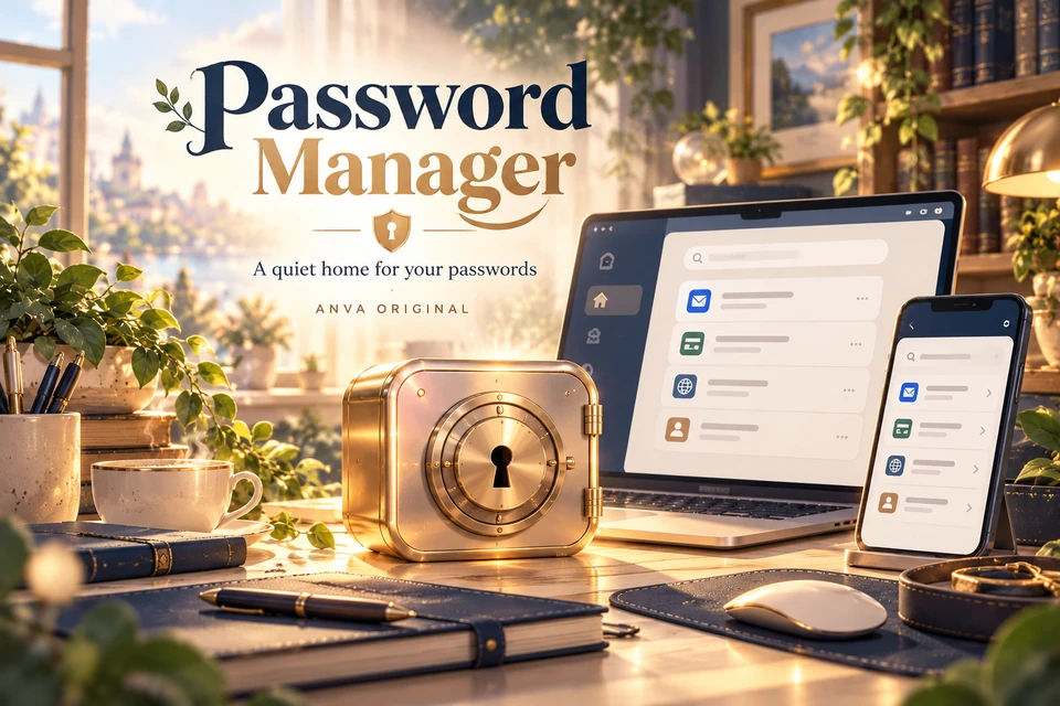 Approved Password Manager concept illustration with a brass vault, laptop and phone on a sunlit wooden desk; the pictured interface is conceptual