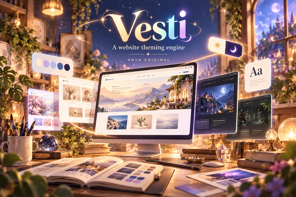 Approved Vesti illustration showing warm and midnight website compositions, a color palette, typography and a light-dark switch in a creative workspace