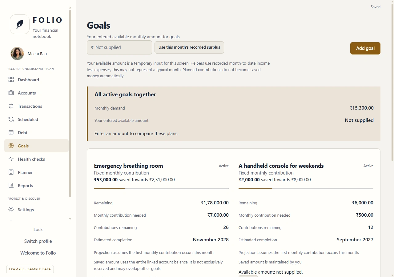 Folio Goals showing emergency savings and home plans with projected monthly contributions
