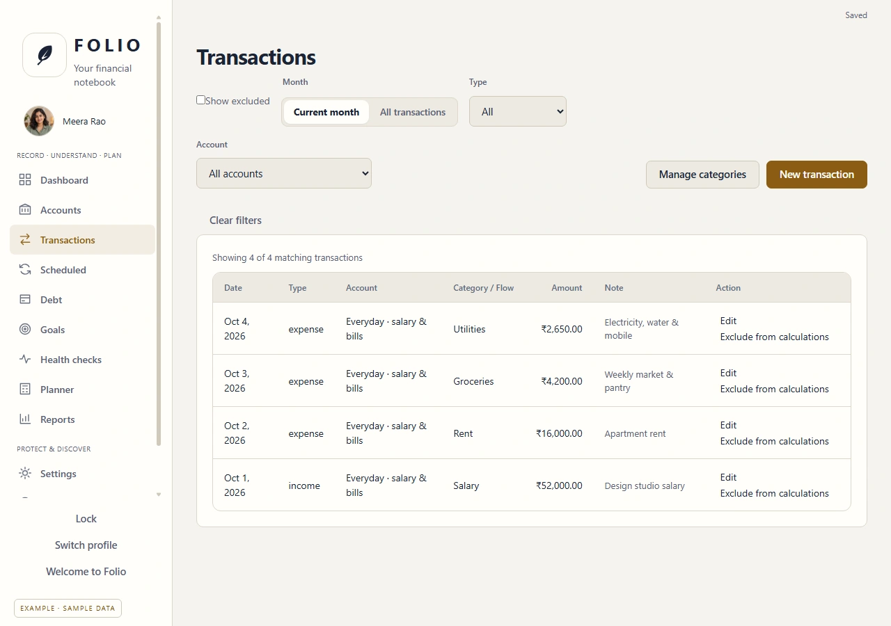 Folio transaction history in its light theme, with account and category filters