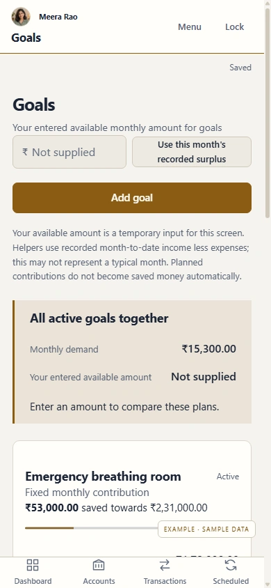 Folio Goals on a phone, showing combined goal demand and individual savings plans