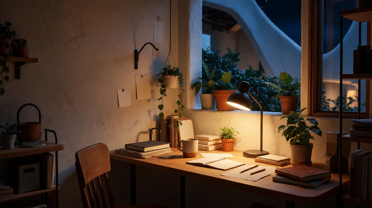 A warm ANVA studio with wood, plants, notebooks and practical lighting