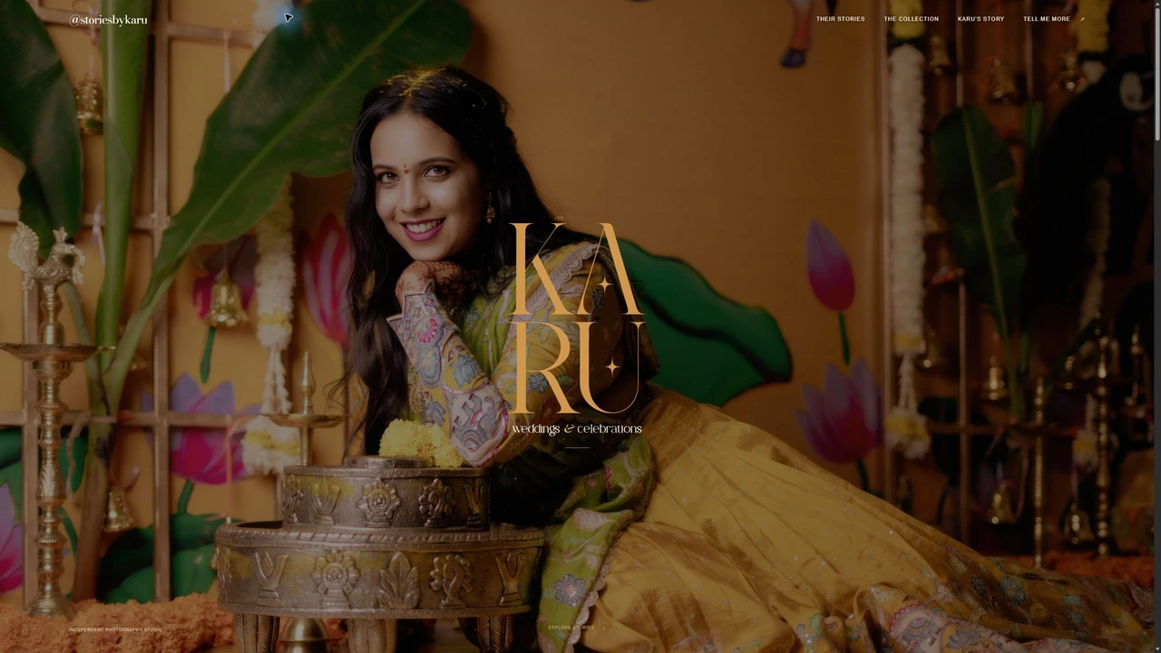 Current Stories by Karu homepage with original gold lettering over a yellow-sari portrait